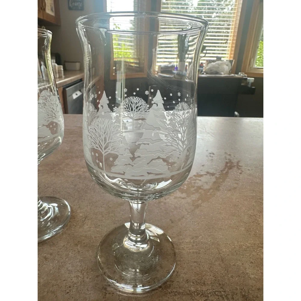 Vintage Etched Winter Scene Glass Goblets Set of 2 Christmas Pine Tree Snow